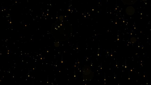 Gold sparks falling softly with tapering sparkle trails behind them over a pure black background in a seamless loop with near particles moving faster than the dim ones far behind in post