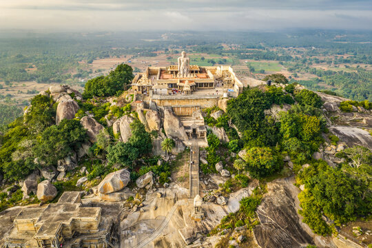 The 1000-year old 58-feet tall monolithic statue of Jain God Lord Gommateshwara/Bahubali at Shravanabelagola, located 50Kms from Hassan, Karnataka, India