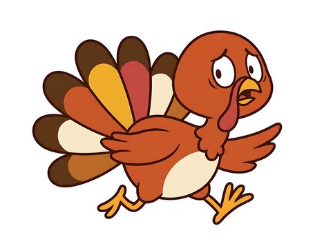 Cartoon turkey running quickly with a worried expression isolated on white