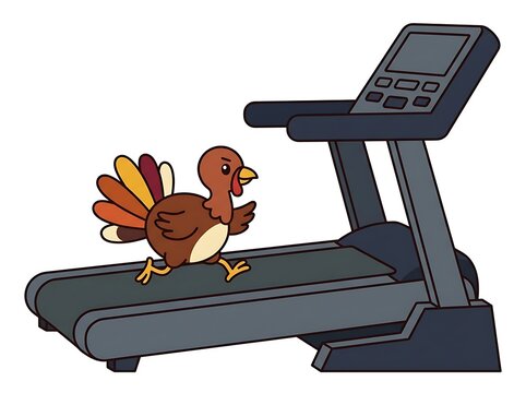 Cartoon turkey running on treadmill for thanksgiving fitness concept