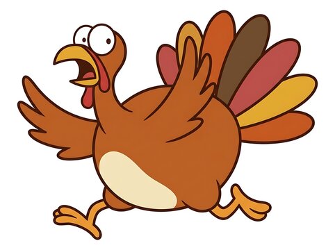 Cartoon turkey running in fear with wide eyes and open beak