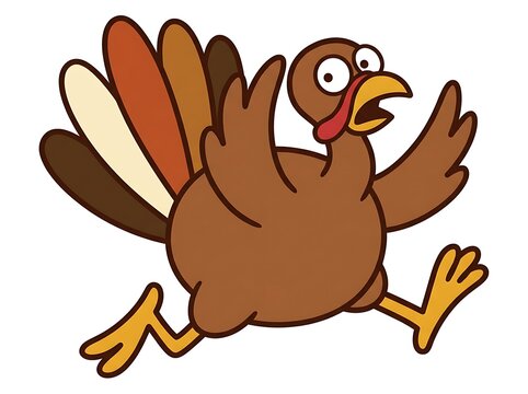 Cartoon turkey running quickly with wings spread out in motion