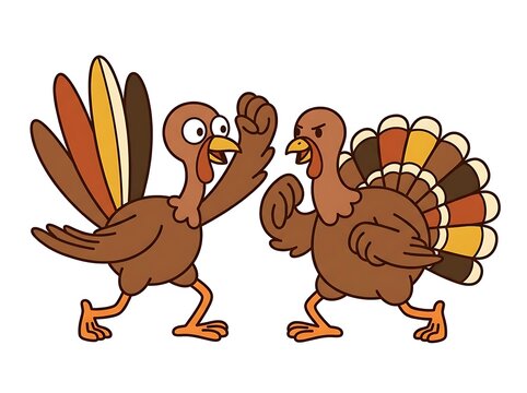 Two cartoon turkeys dancing and celebrating thanksgiving holiday together
