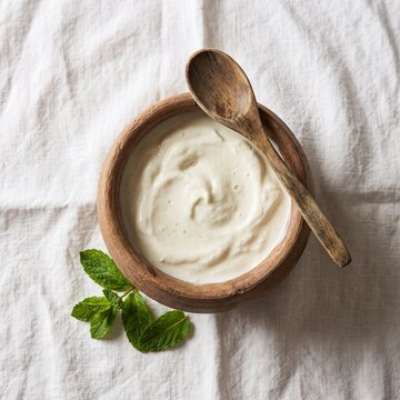 Fresh homemade yogurt dahi in a traditional earthenware clay pot with a wooden spoon and mint leaves on white linen