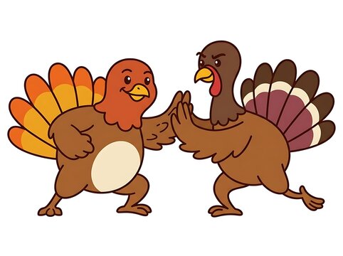 Two cartoon turkeys giving each other a high five celebration