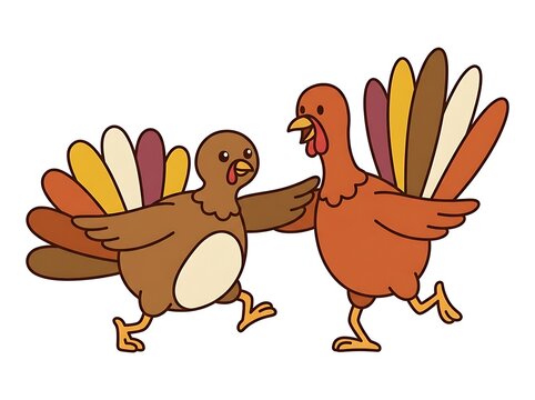 Two cartoon turkeys embracing in a friendly and festive illustration
