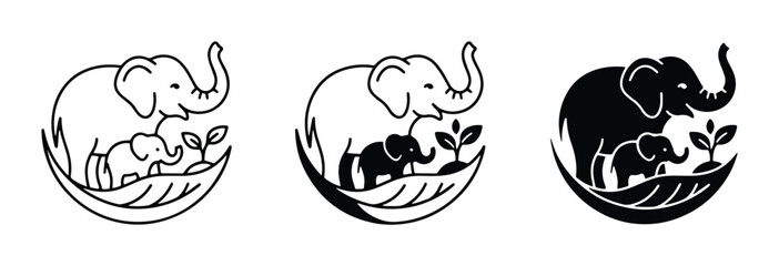 Elephant family silhouettes set with baby elephant and plant, conservation and nature themes for logo © Nirob