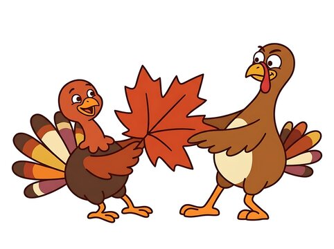 Two cartoon turkeys sharing a maple leaf during autumn season