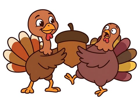 Two cartoon turkeys standing beside a large brown acorn illustration