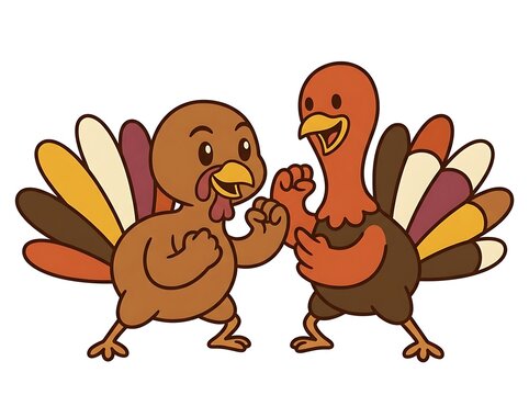 Two cartoon turkeys fist bump celebrating thanksgiving holiday together