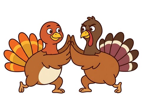 Two cartoon turkeys giving each other a high five celebration