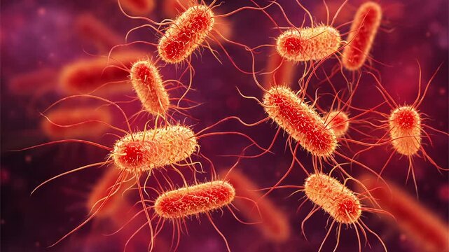 Escherichia coli, 3D animation. Flagellated and fimbriated Gram-negative bacteria associated with intestinal infections, urinary tract infections, sepsis and other human diseases.