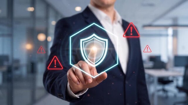 Businessman Managing Security Risks with Digital Shield and Warning Icons, Cyber Risk Assessment, Threat Protection, Video