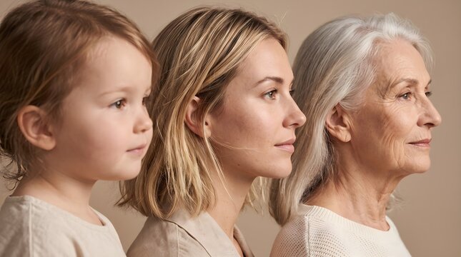 Three generations of beautiful females representing aging lifecycle from childhood to maturity in soft studio lighting