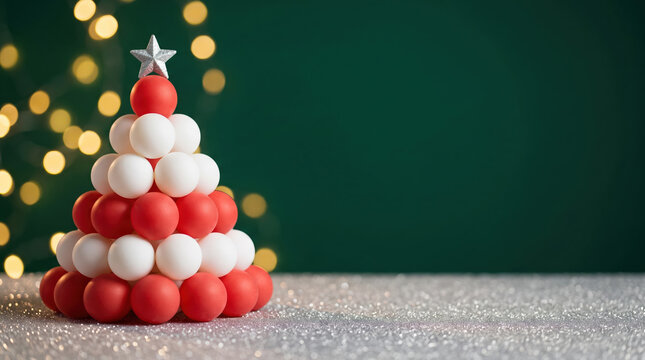 Creative Christmas tree made of ping pong balls with a star on top against a green background with fairy lights and sparkling surface for holiday design concept