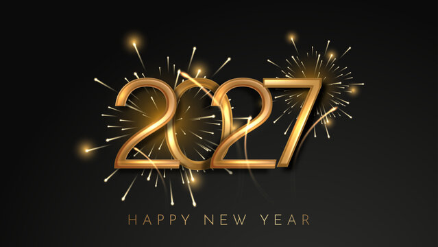 Happy New Year 2027 Background with Golden 3D Numbers, Sparkling Fireworks and Elegant Black Background . Editable Vector Illustration