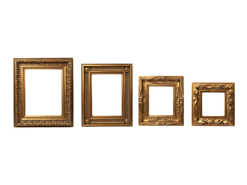 Four ornate antique golden picture frames in varying sizes arranged in a row isolated on transparent background