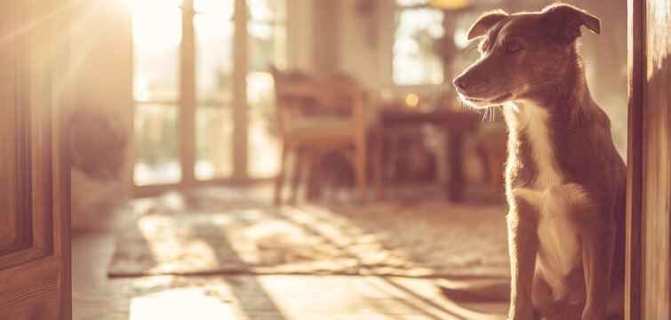 Darling brown pup patiently perched in a cozy sunlit spot, vigilantly keeping watch over the home with a devoted and alert gaze