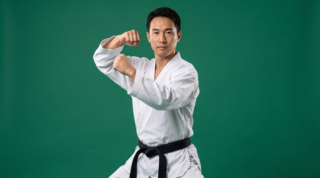 Asian Karate Practitioner Performing Martial Arts Stance in White Gi with Black Belt on Green Background