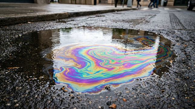 Oil slick rainbow puddle on wet asphalt street reflecting city buildings and sky