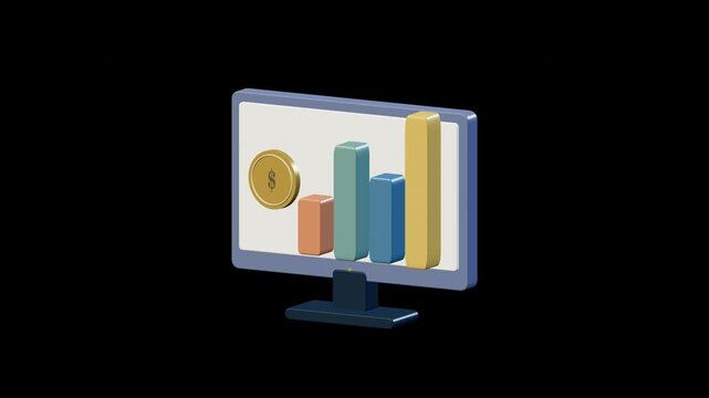 Sculpted financial columns rise from a cobalt monitor beside a brass dollar emblem in a transparent eight second 3D loop.