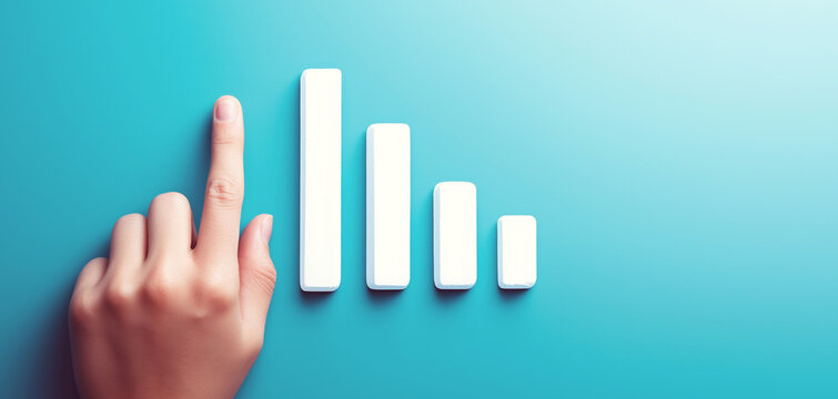 Hand pointing at a falling bar graph illustrating business decline and negative economic trend