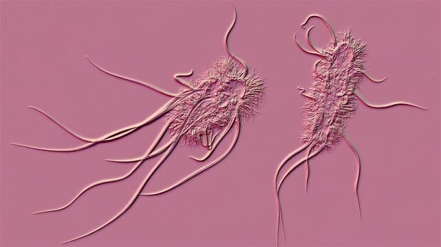 Escherichia coli, 3D animation. Flagellated and fimbriated Gram-negative bacteria associated with intestinal infections, urinary tract infections, sepsis and other human diseases.