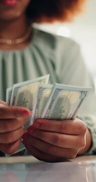 Hands, woman and counting in office with dollars, embezzlement and money laundering for corruption. Person, misconduct and stealing in workplace with cash banknote, illegal income and kickback scheme