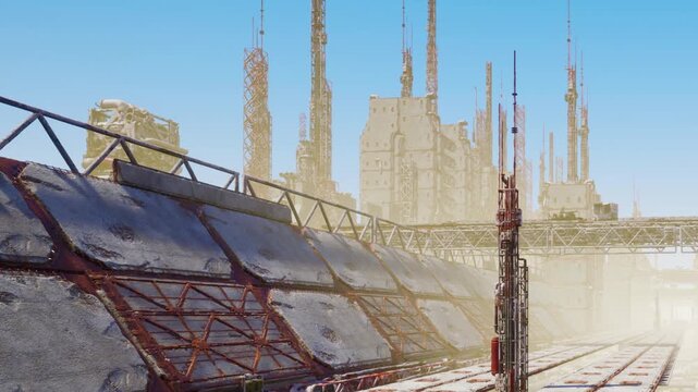 In a wide expanse, an abandoned industrial site shows towering structures and rusted frameworks reaching towards a clear blue sky, revealing signs of neglect and age.