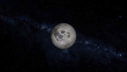 Luminous full moon glows brightly in starry night sky cosmos. Radiant full moon illuminates dark space. Cinematic full moon visual for astronomy documentaries. © BIJLI