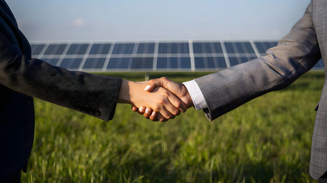 A handshake between two successful businesspeople against a backdrop of solar panels in a field on a sunny day