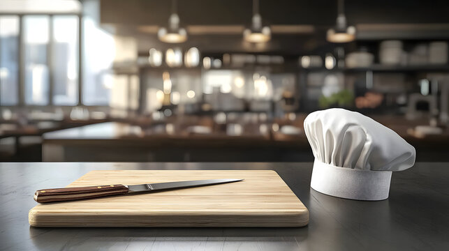 A kitchen knife on a cutting board near a chef's hat in a professional restaurant kitchen