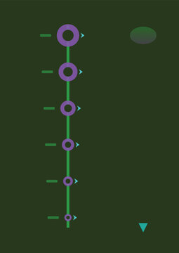 Timeline Graphic with Circles and Arrows: A vertical timeline graphic featuring a series of purple circles of varying sizes connected by a green line, with small blue arrows indicating progression.