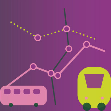 Abstract Metro Map: A stylized graphic representing a metro system with two distinct lines connecting various stations, featuring a tram and a modern train.