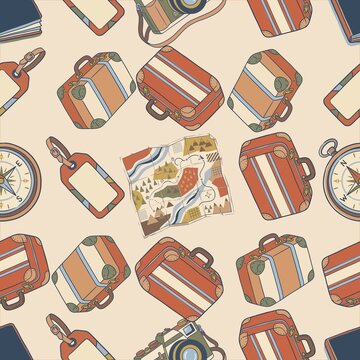 Vintage Travel Seamless Pattern with Suitcases Maps and Luggage