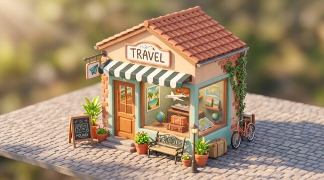 A charming miniature model of a travel agency showcases detailed travel-themed decorations, including globes and suitcases. The model evokes a sense of adventure and wanderlust.