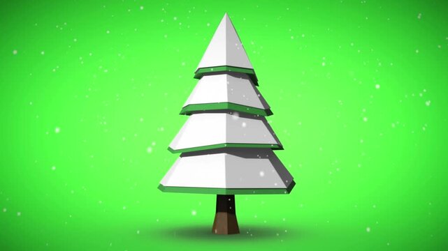 3D low poly christmas tree animation with falling snow on a vibrant green background for holiday celebration