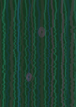 Abstract Ripples of Green: A mesmerizing abstract composition featuring undulating vertical lines in various shades of green and blue, accented by subtle circular motifs.