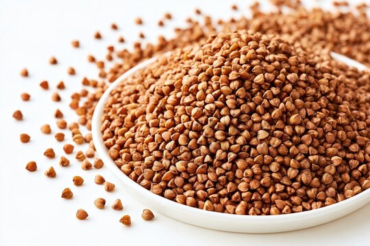 Raw buckwheat groats in white bowl with scattered seeds top view food