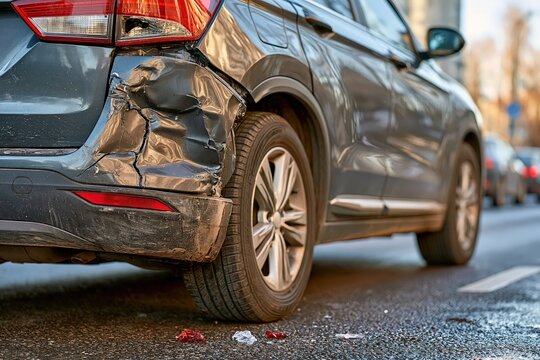 Car crash damage rear bumper dented vehicle traffic accident insurance