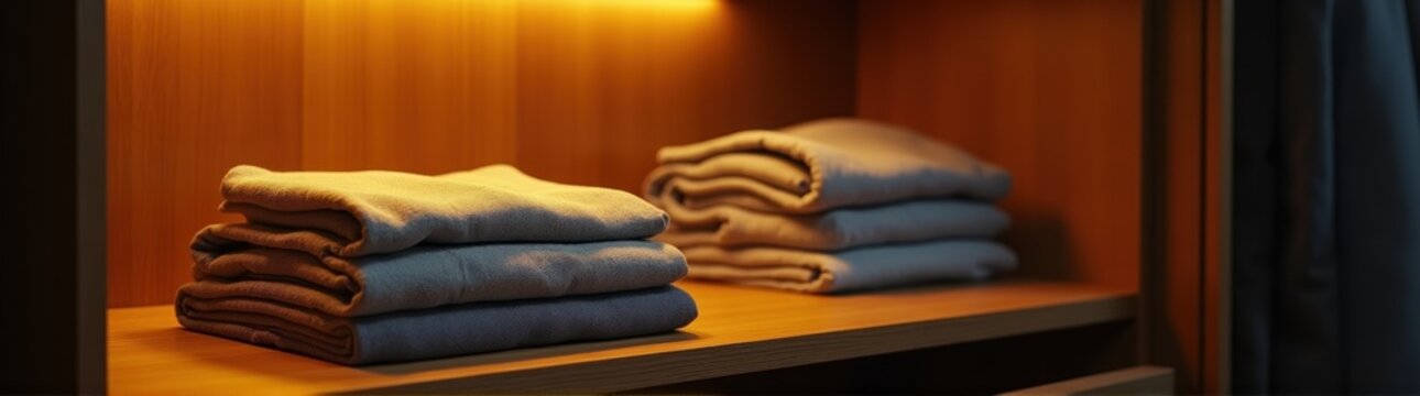 Wardrobe interior featuring stack of folded shirts