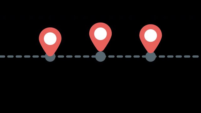 Animated location pin icons and map markers showing a travel route for navigation and GPS destination tracking on a green screen with transparent alpha channel.