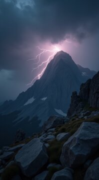 Mountain with a lightning bolt in the sky