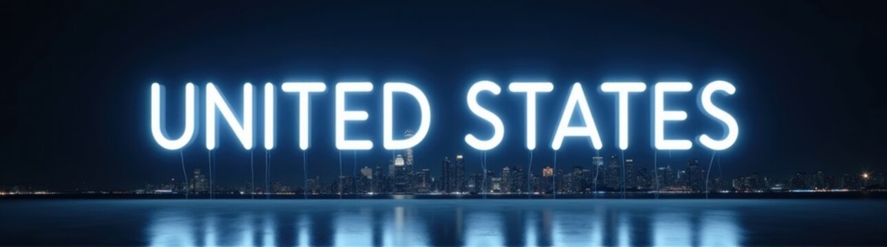 A city skyline with a neon united states sign