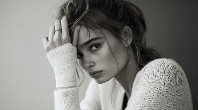 A young woman with a bandaged wrist expresses sadness.