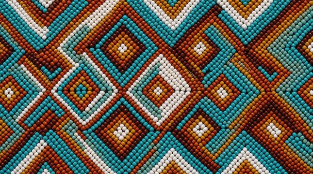 Continuous linear pattern with Native American bead shapes in mirrored arrangement. Geometric tribal design uses warm amber, terracotta, blue tones. Sacred geometry motif creates tactile cultural