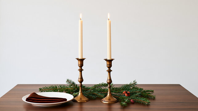 Brass candlesticks with lit candles and holiday greenery on dining table  