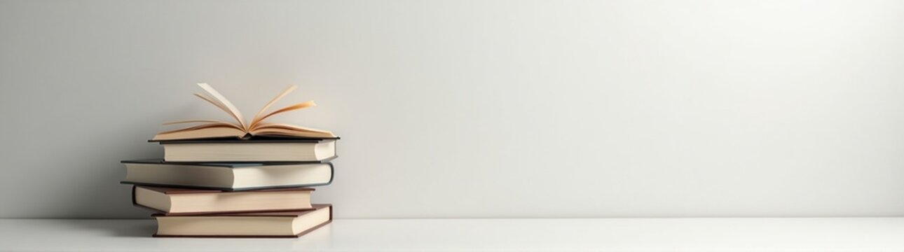 Many books stacked on top of each other on a table