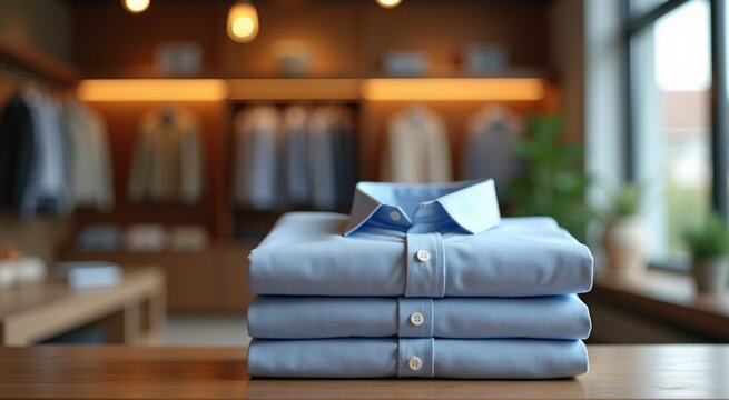 Folded blue shirts on a table in a store