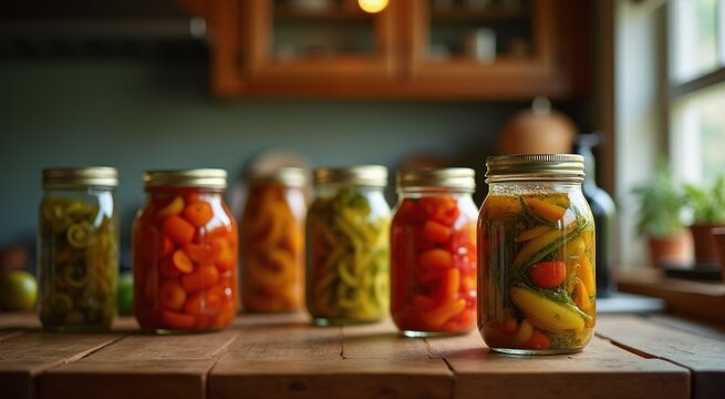 Many jars of pickled vegetables on a table